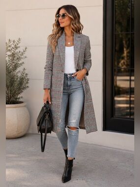 Sanctuary Plaid Long Coat XL Tailored Lightweight Duster Jacket